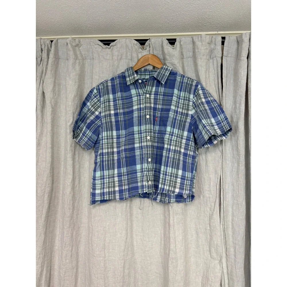 Levis Plaid Short Sleeve Button‎ Up Shirt Blue Green Cropped Raw Hem Mens Medium